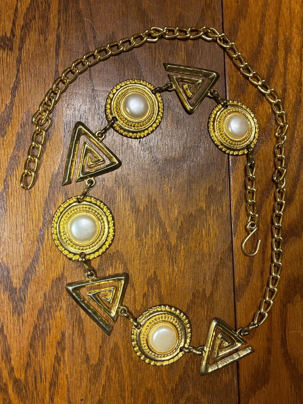 Vintage Gold Tone Geometric Statement Chain Belt Faux Pearl 40.5”